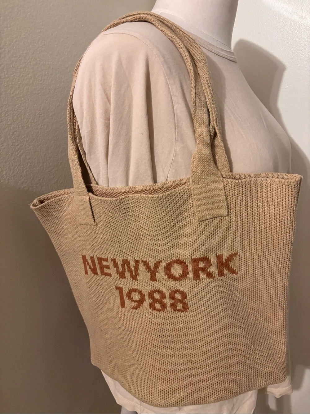 Beige Knit Tote Bag with Rust Lettering - Casual Everyday Carry